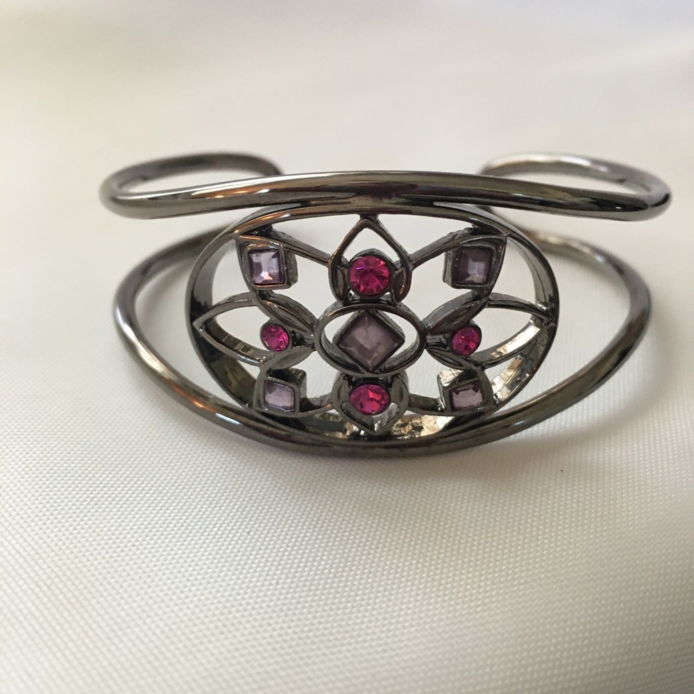 Gunmetal and MultiColor Crystal Floral Design Cuff Bracelet